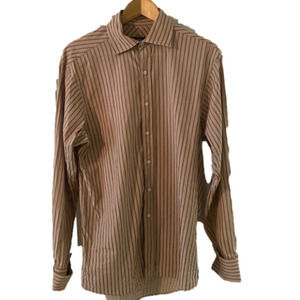 NWOT SeanJohn Mens Gray and Tan Striped French Cuff Dress Shirt Size M, 15 1/…